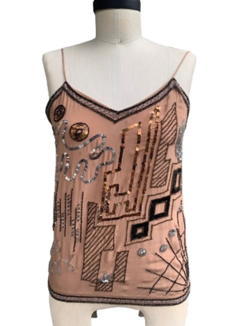Vintage Argenti Silk Beaded Sequined Embellished Cami Spaghetti Strap Tank Top